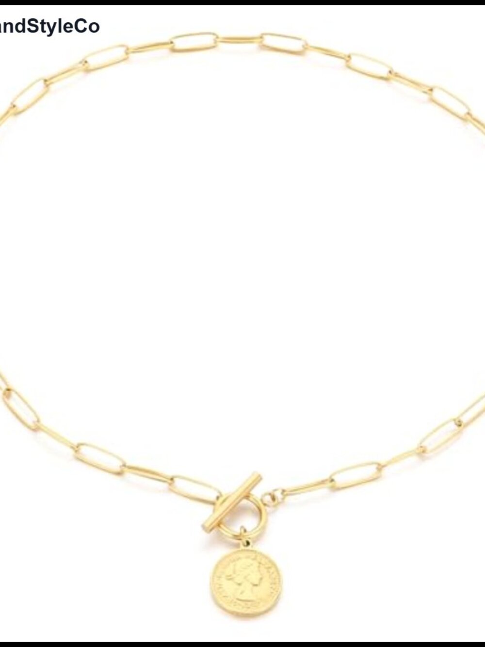 Gold Plated Coin Pendant Necklace, Paperclip Chain, Toggle Clasp, Vintage Style